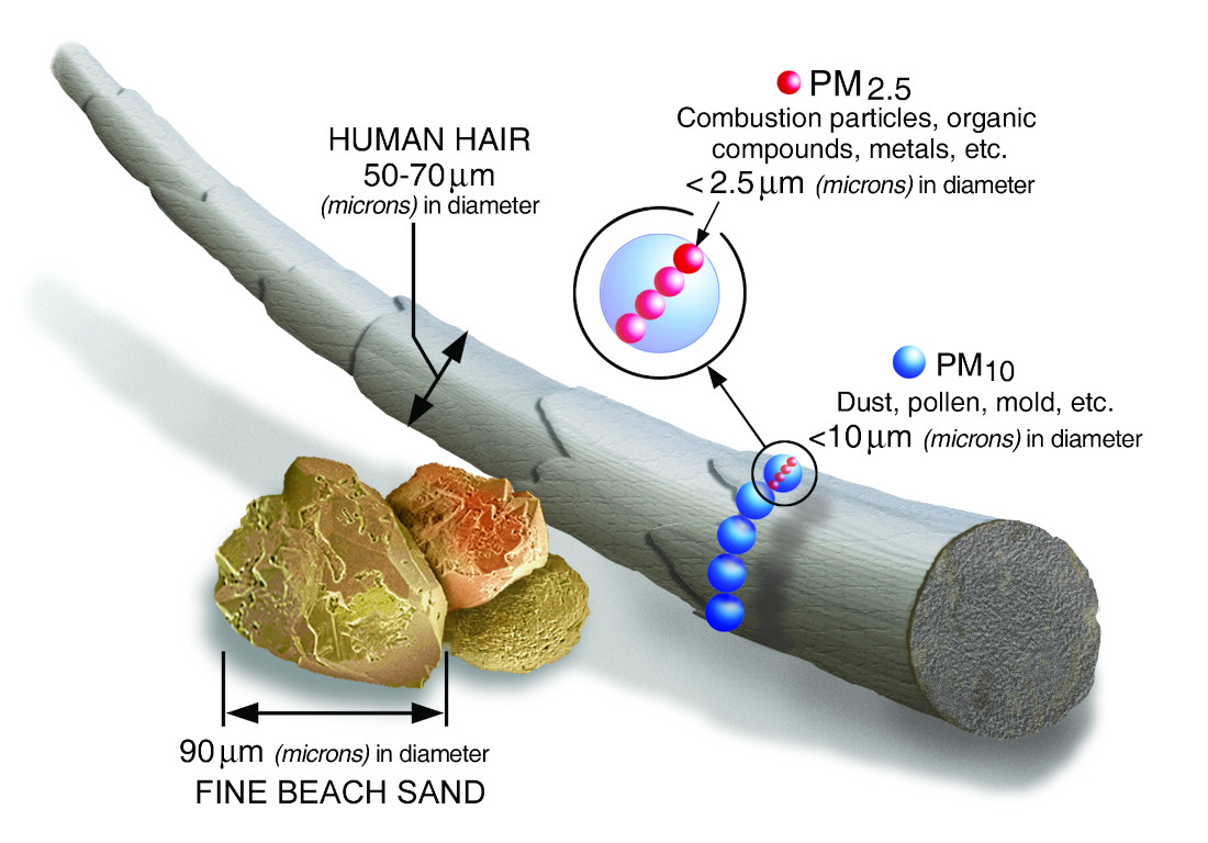 Illustration of PM2.5 and PM10 particles in the air, depicting their size and comparison to pollution sources.